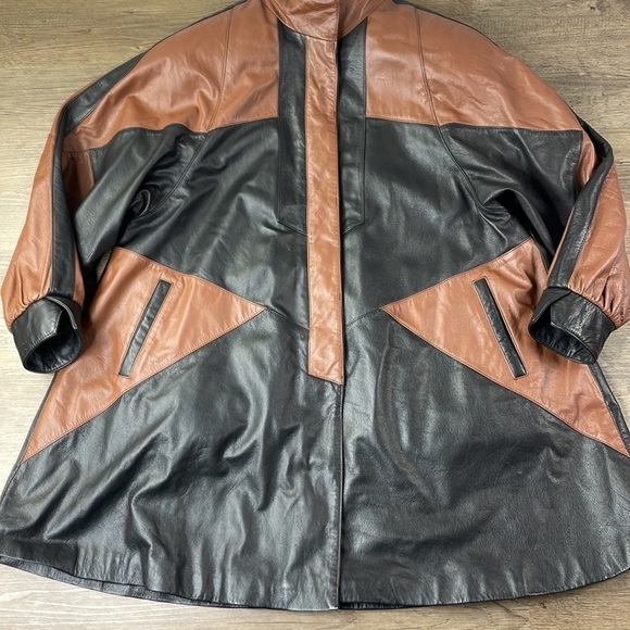 Vintage ROAMAN'S 80s PATCHWORK Brown Black Leather Jacket A line, size Medium - Picture 3 of 12